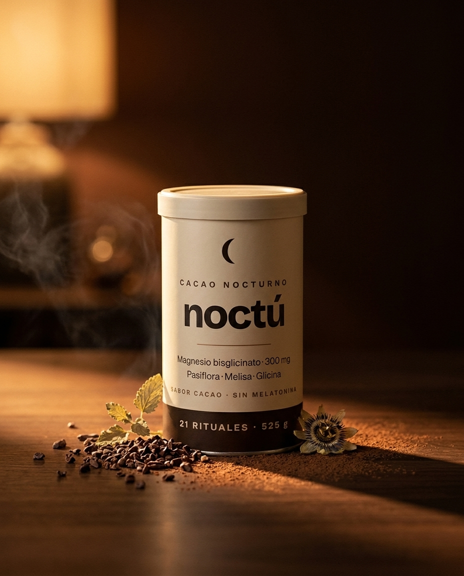 Bote de NOCTÚ — cacao nocturno, sobre madera con luz cálida